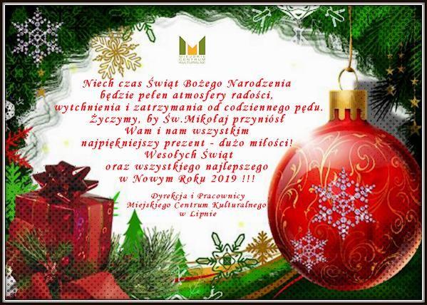 Życzenia świąteczne z okazji Bożego Narodzenia i Nowego Roku 2019